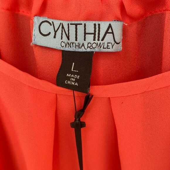 Cynthia Rowley Pleated Short Sleeve Chiffon Tie Neck Dressy Blouse Coral Large - Picture 9 of 12